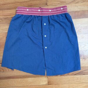 Tie Waist Apron Upcycled Shirt  buttons blue with red stripe accent button front